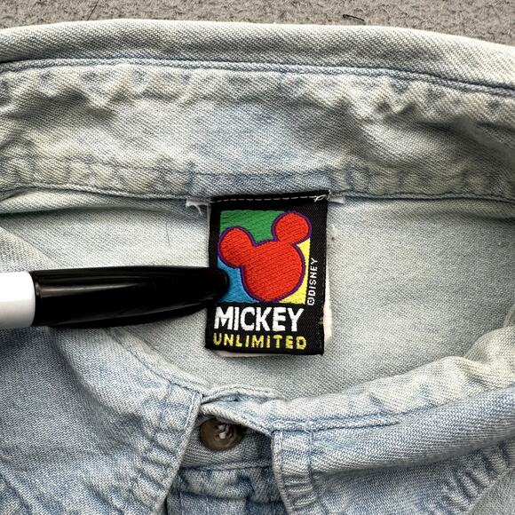 Vintage Mickey Unlimited Disney Denim Button Down Shirt Mens 2XL Goofy Chambray - Picture 2 of 12